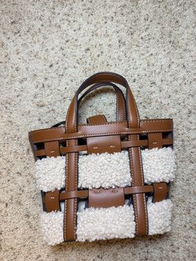Zara Brown Leather & Cream Shearling Woven Mini Tote